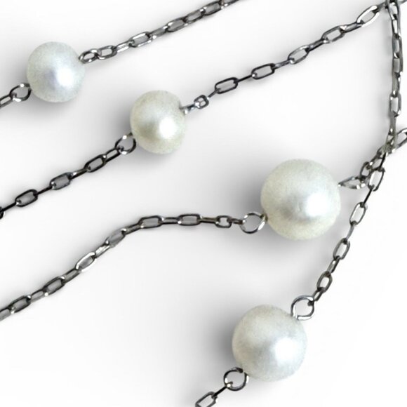 Vintage Sterling Silver 925 Pearl Marcasite Station Necklace 40" - Picture 4 of 10